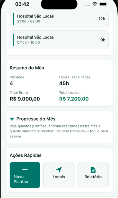 Resumo de horas e valores no PlantãoSaúde para iOS
