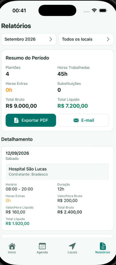 Relatório mensal de plantões no PlantãoSaúde para iOS